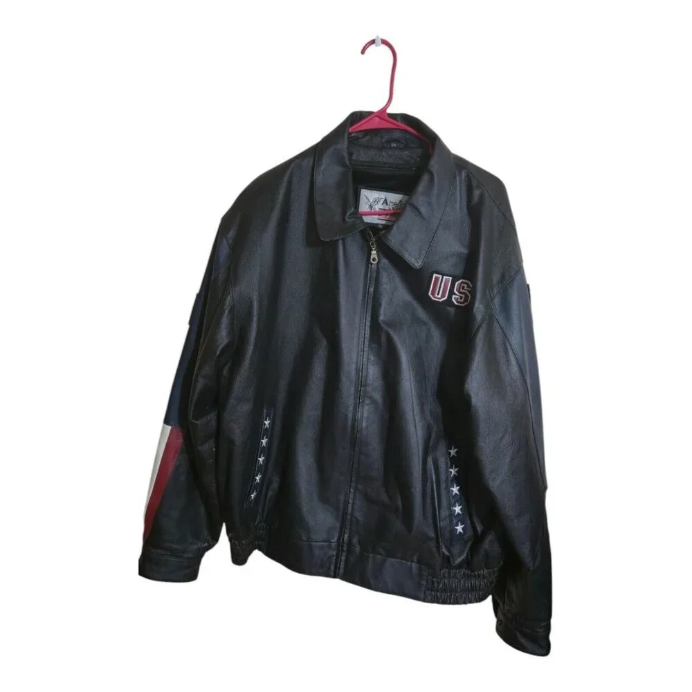 American Leather Jacket Men 2XL Multicolor USA Flag Eagle Bomber Biker Oversized - Picture 2 of 16